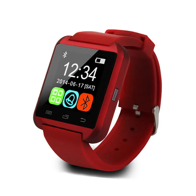 U8 smart watch in black, red, or white with a three-dimensional case shape and display.