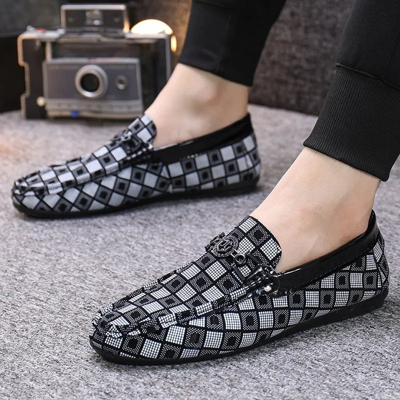 Men's plaid slip-on shoes with artificial PU uppers, flat heel, and cotton lining in black colour