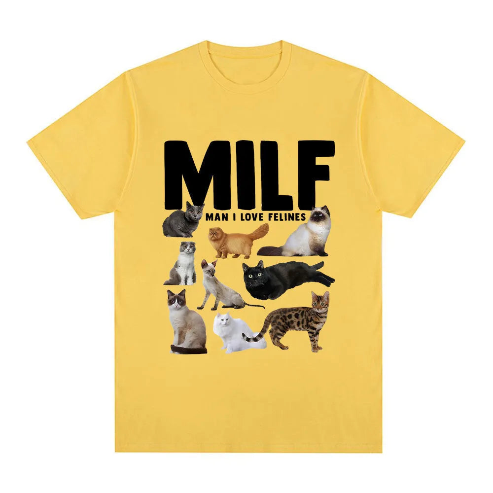 Graphic t-shirt with printed cat lovers design on cotton fabric in multiple colour options