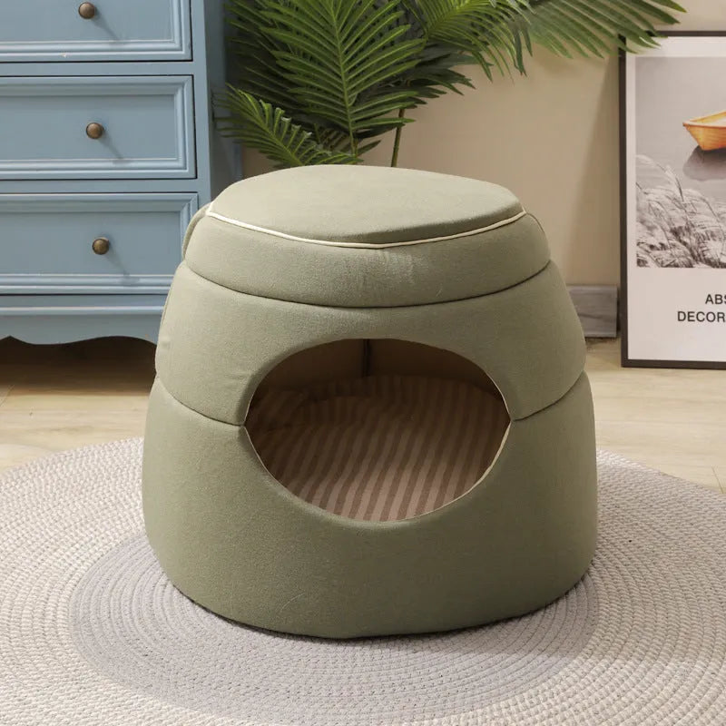 Tree hole warm kennel for small dogs and cats, grey fabric enclosed bed with entrance hole, 45x33x37 cm