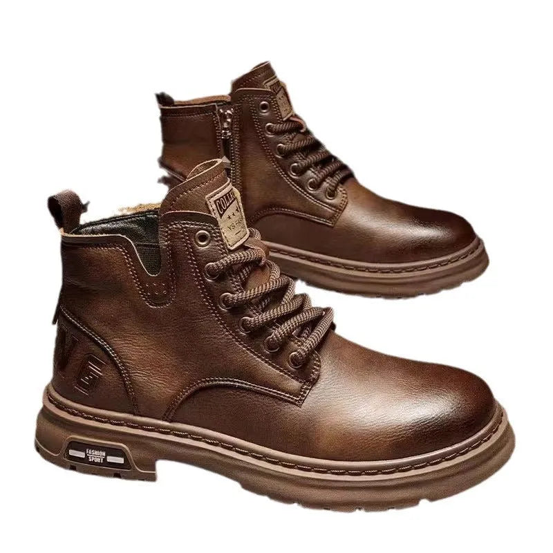 Retro British style men's ankle boots with round toe, solid colour, artificial PU upper, in black