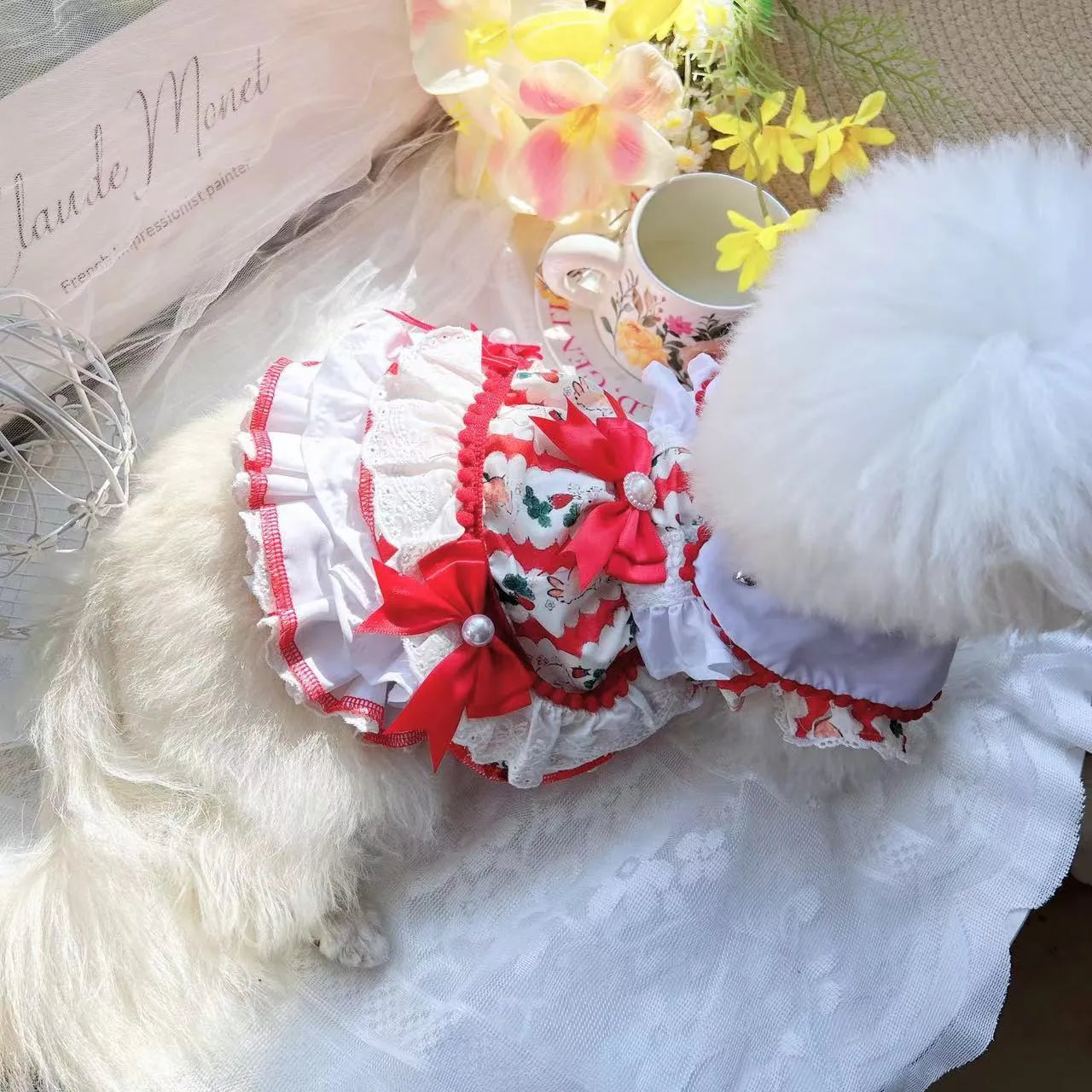 Small white dog wearing a rabbit-style skirt, showing the princess cut and fit based on detailed size chart measurements.