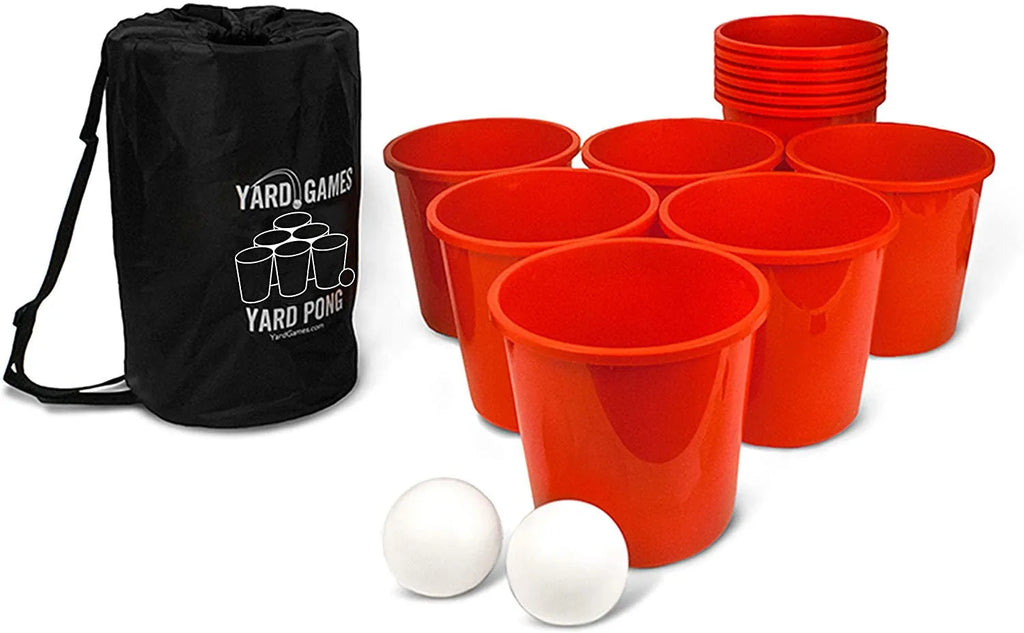 Red plastic beach bucket outdoor game set for beach throwing play