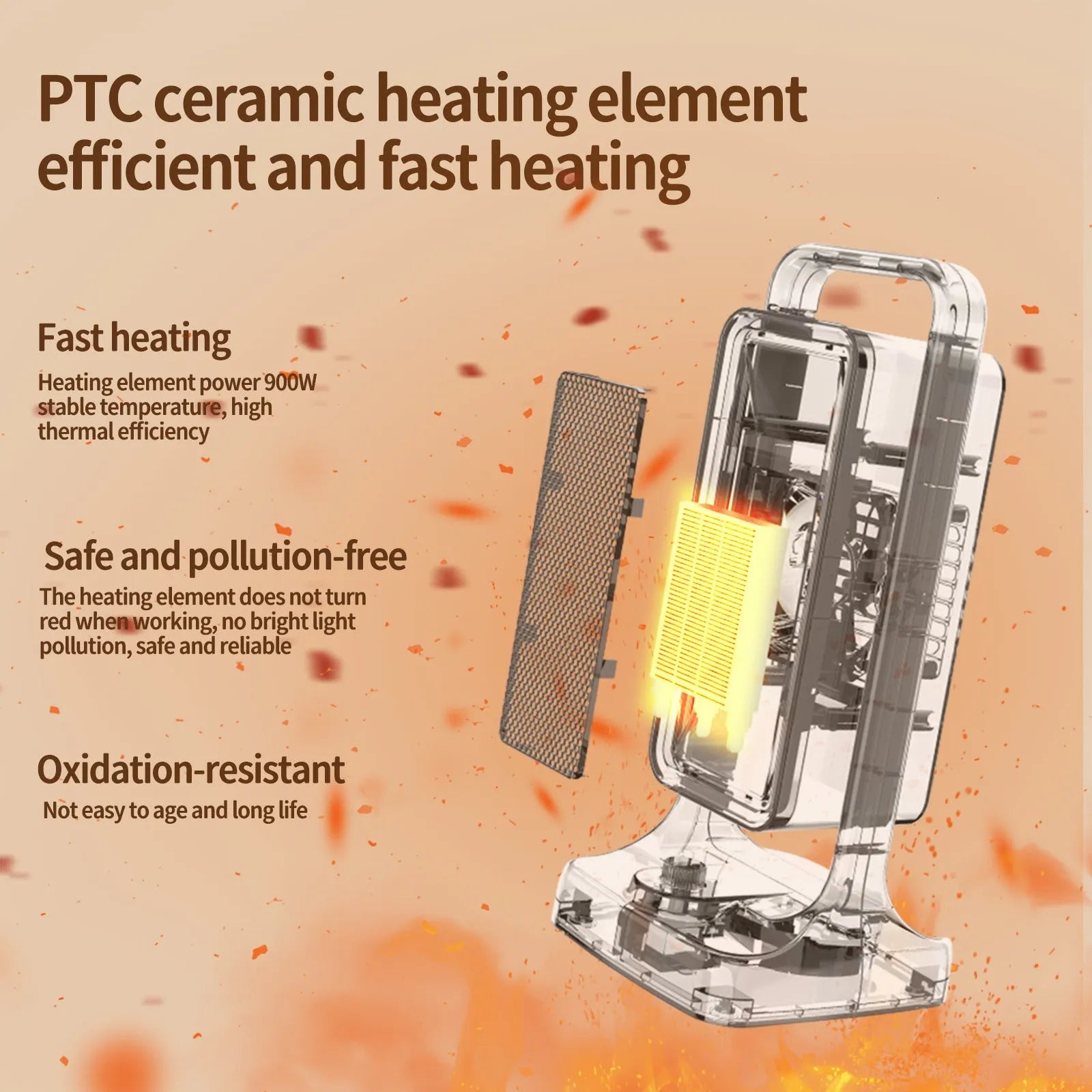 Black desktop PTC ceramic air heater with control knob, measuring 14.9cm wide by 33.5cm high.
