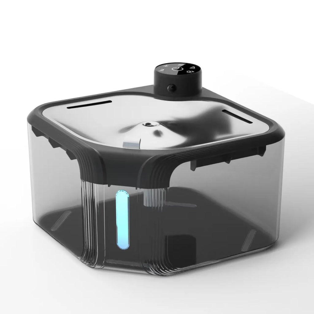 Stainless steel automatic pet water dispenser with wireless induction water outlet, available in white, black, or transparent