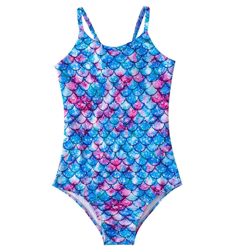 Girls' mermaid one-piece swimsuit in high elasticity polyester on a hanger.