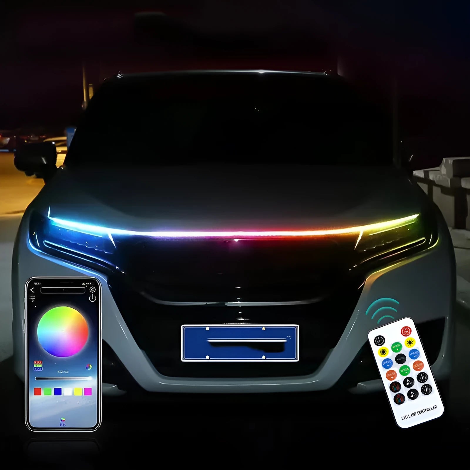 Automotive LED atmosphere light strip for engine cover installation in various colours and lengths.
