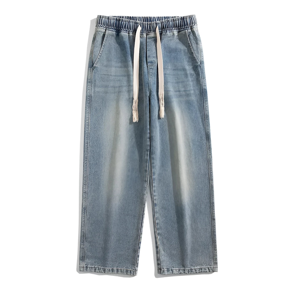 Hong Kong style retro heavy wash distressed loose jeans in blue cotton for teenagers