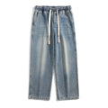 Hong Kong style retro heavy wash distressed loose jeans in blue cotton for teenagers