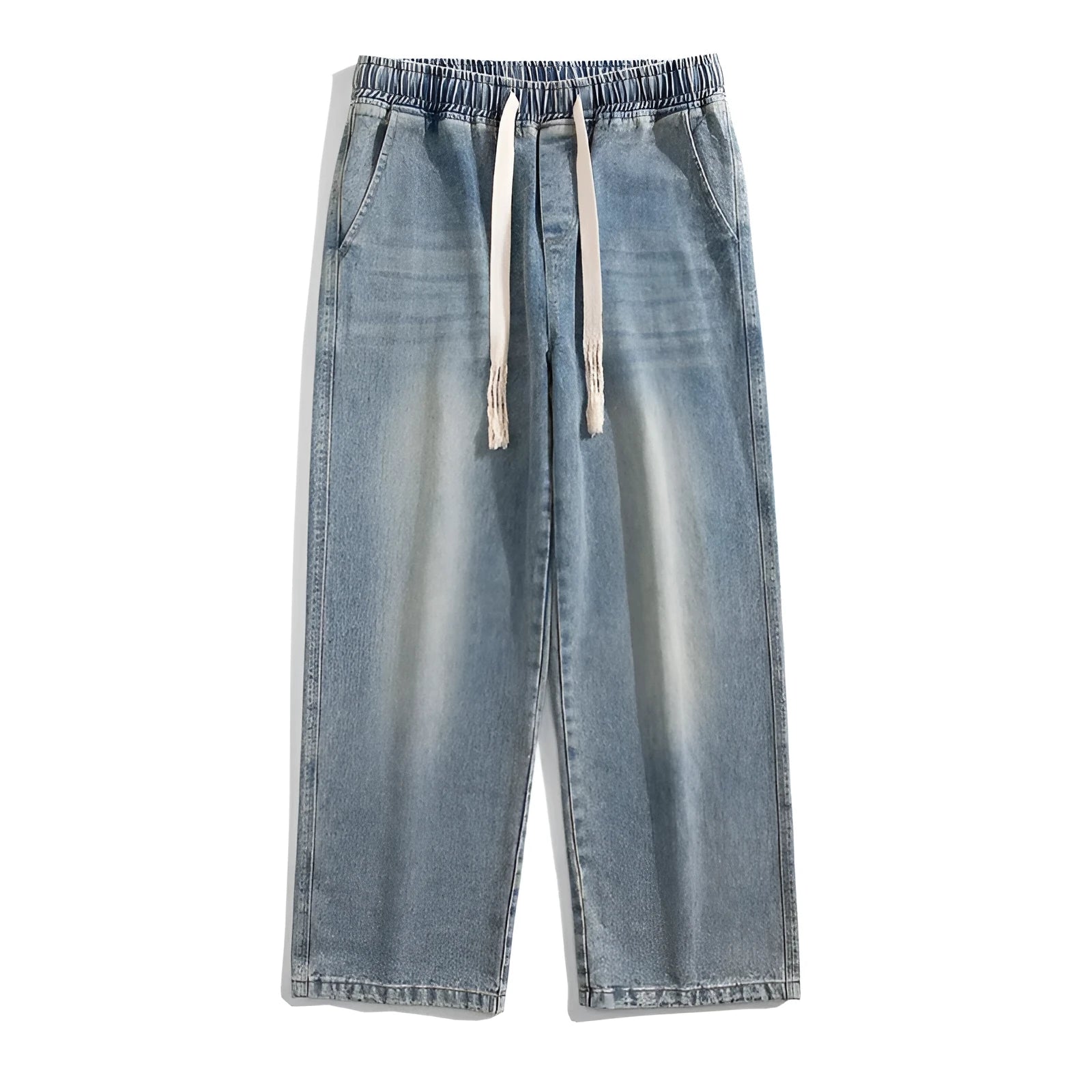 Hong Kong style retro heavy wash distressed loose jeans in blue cotton for teenagers