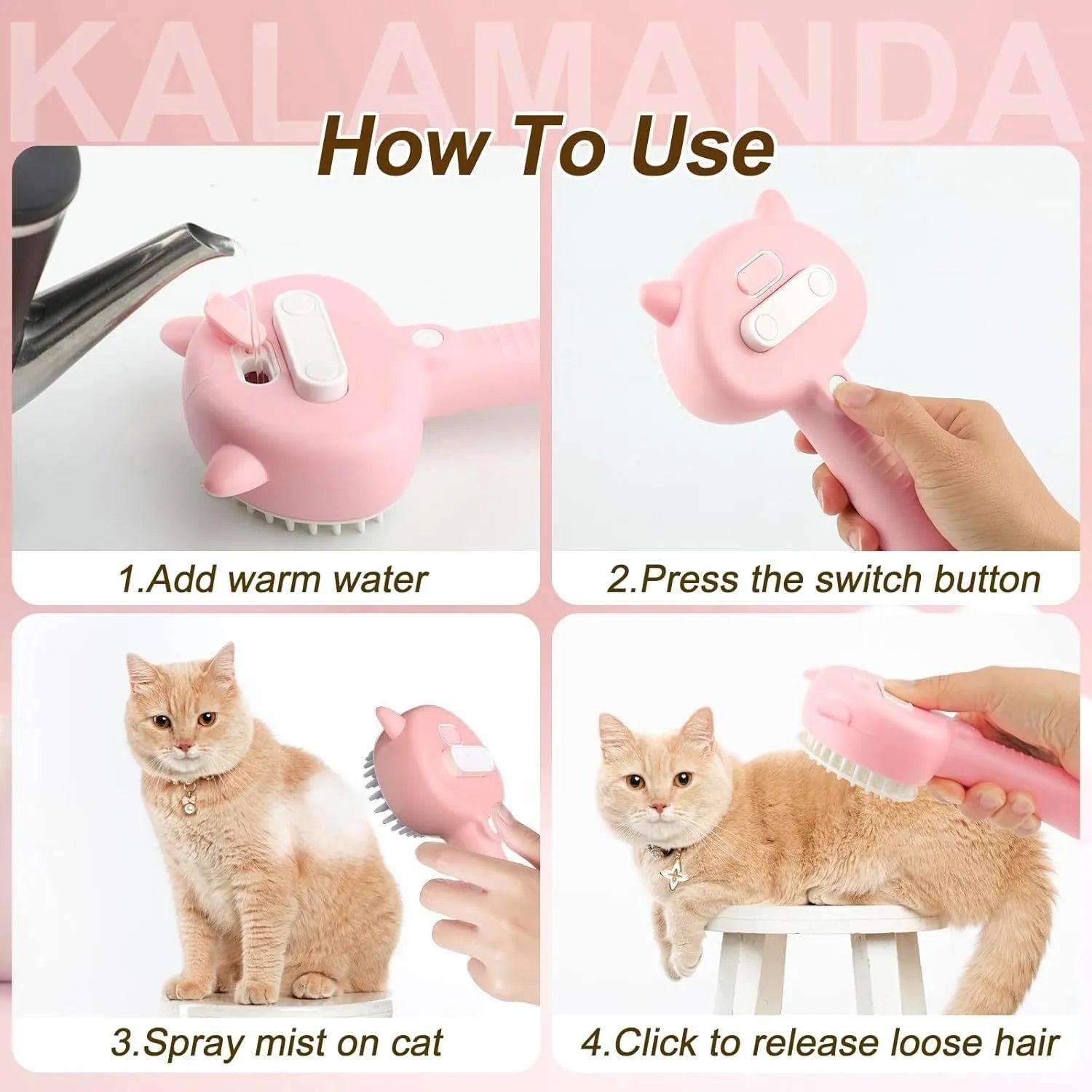 Blue 4-in-1 cat steam brush with ergonomic handle and rubber bristles for pet grooming