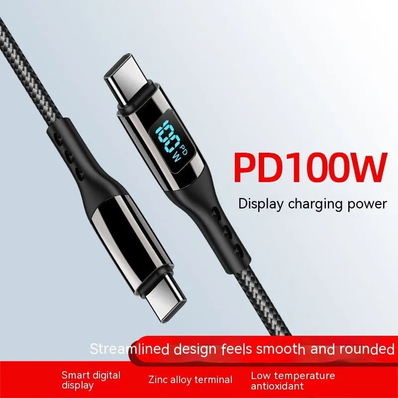 Double-headed TYPE-C PD 100W woven data cable with digital display in black on a plain background