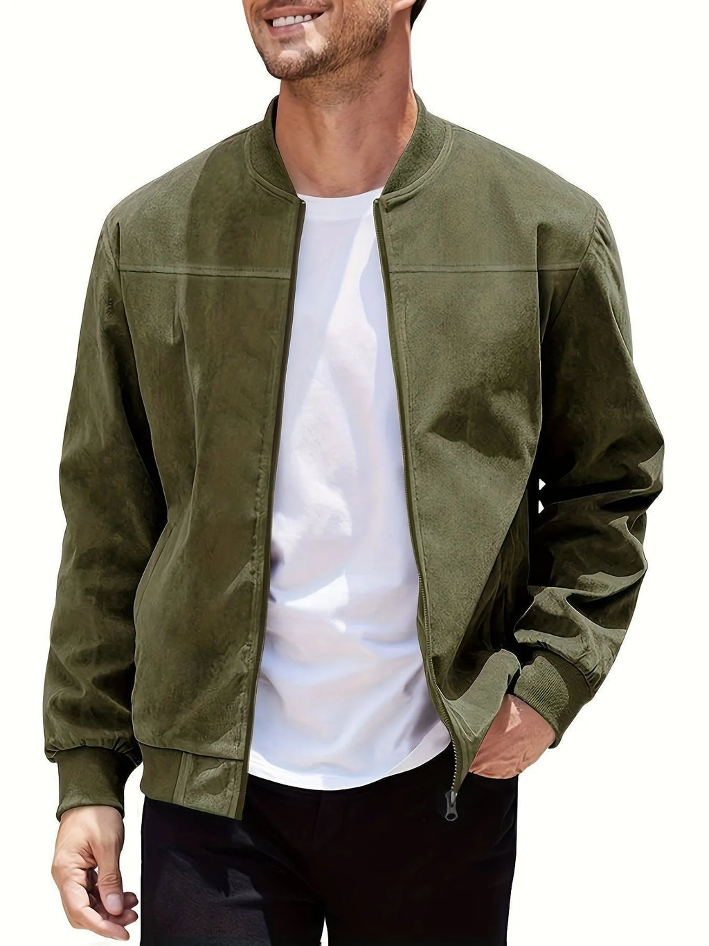 Men's plus size suede jacket with zip closure in Army Green colour with regular sleeves