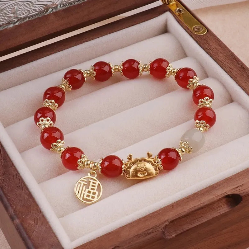 Floral glazed bracelet with zodiac animal charm and electroplated glass beads in multiple colour options