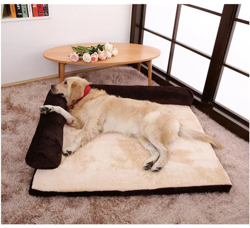 Grey corduroy pet sofa bed for a large dog, showing a non-slip cloth base and plush high-density sponge padding.
