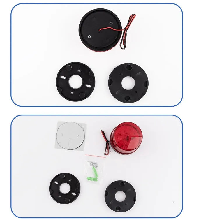 Small red 24v warning and alarm light with siren, 73mm diameter, on a white base.