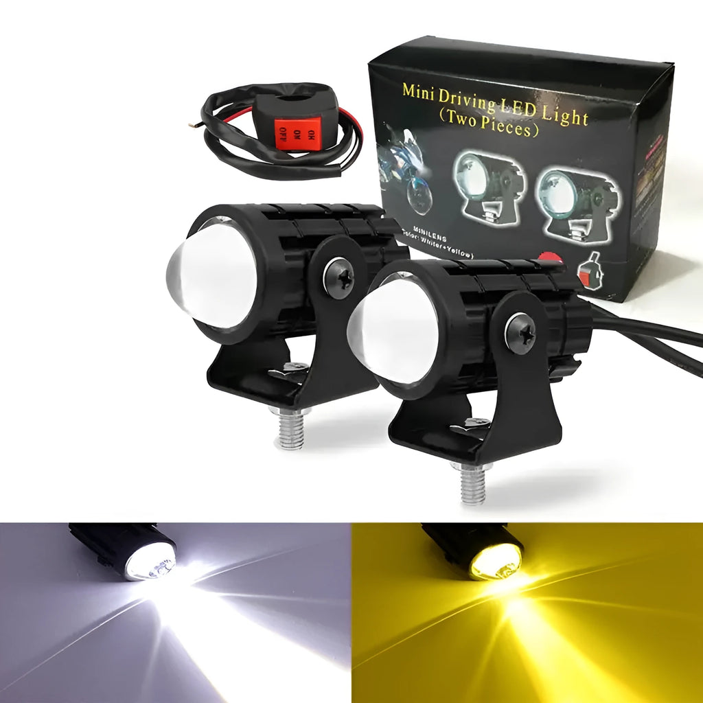 Aluminium and PC dual-lens motorcycle spotlight with white or yellow light, dimensions 6cm x 6cm x 7cm.