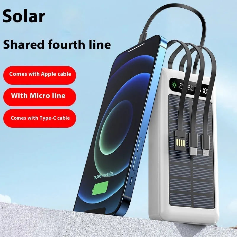 Solar power bank with 30000 mAh capacity in black white or green plastic case measuring 140 x 68 x 44 mm