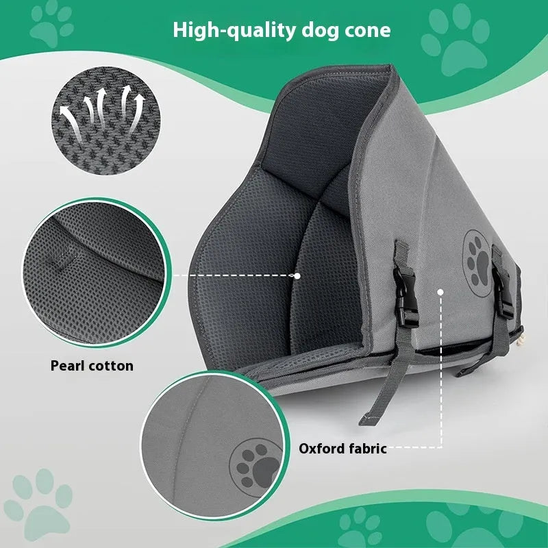 Adjustable fabric pet recovery collar in beige, showing hook-and-loop fastener and ring shape.