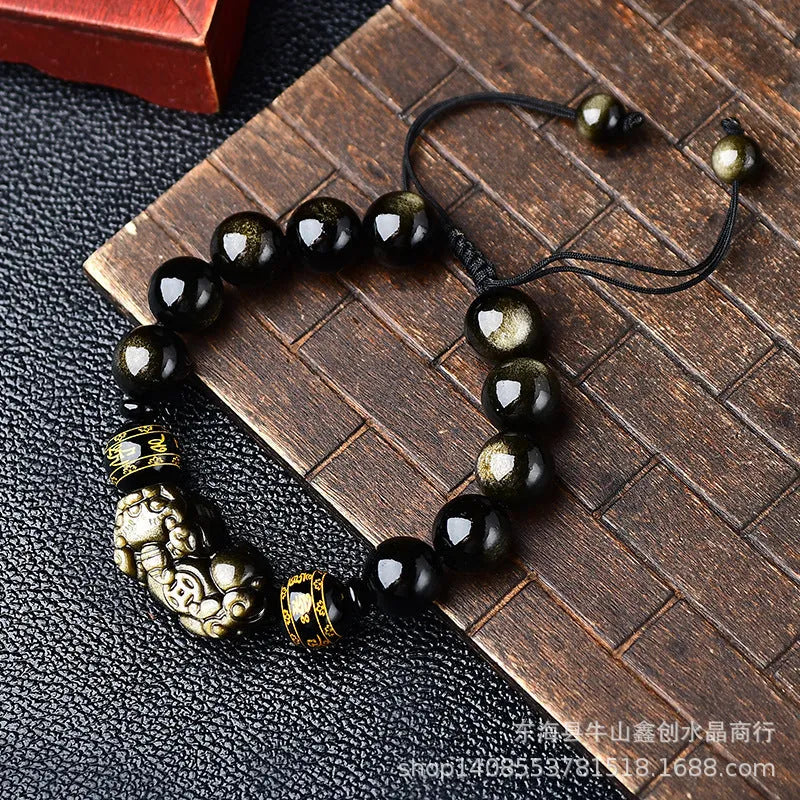 Hand-woven golden obsidian Pi Xiu bracelet with zodiac design in multiple bead sizes