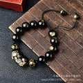 Hand-woven golden obsidian Pi Xiu bracelet with zodiac design in multiple bead sizes