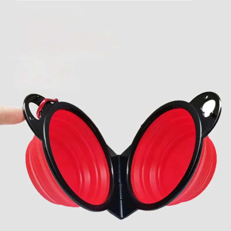 Folding silicone double pet bowl shown in expanded and collapsed positions with anti-slip base