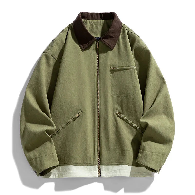 Korean style men's workwear jacket with contrast lapels in loose fit with side pockets