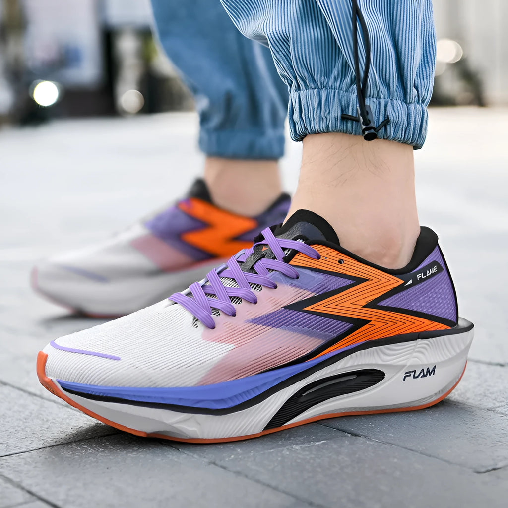 Marathon running shoes with carbon plate, mesh fabric upper, and platform heel in multiple colour options