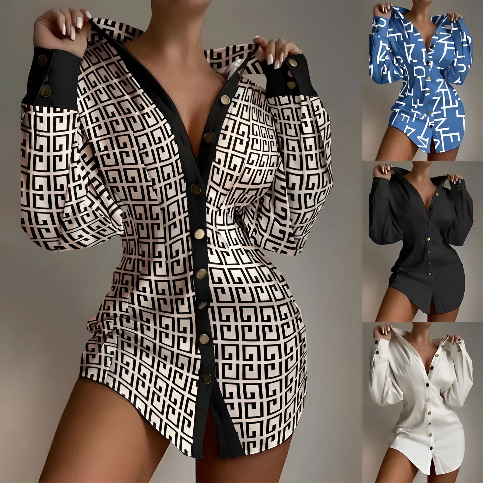Women's shirt with printed waist-controlled fastener decoration in matel silk fabric, available in multiple colours and sizes.