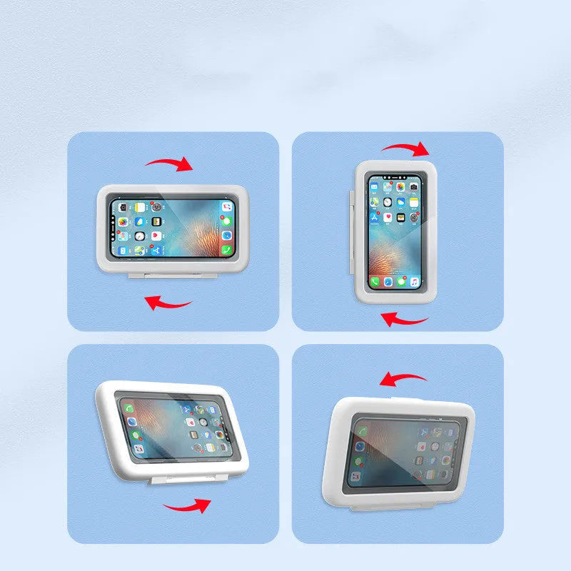 White waterproof phone holder mounted on tile with phone inside showing touch screen and anti-fog window.