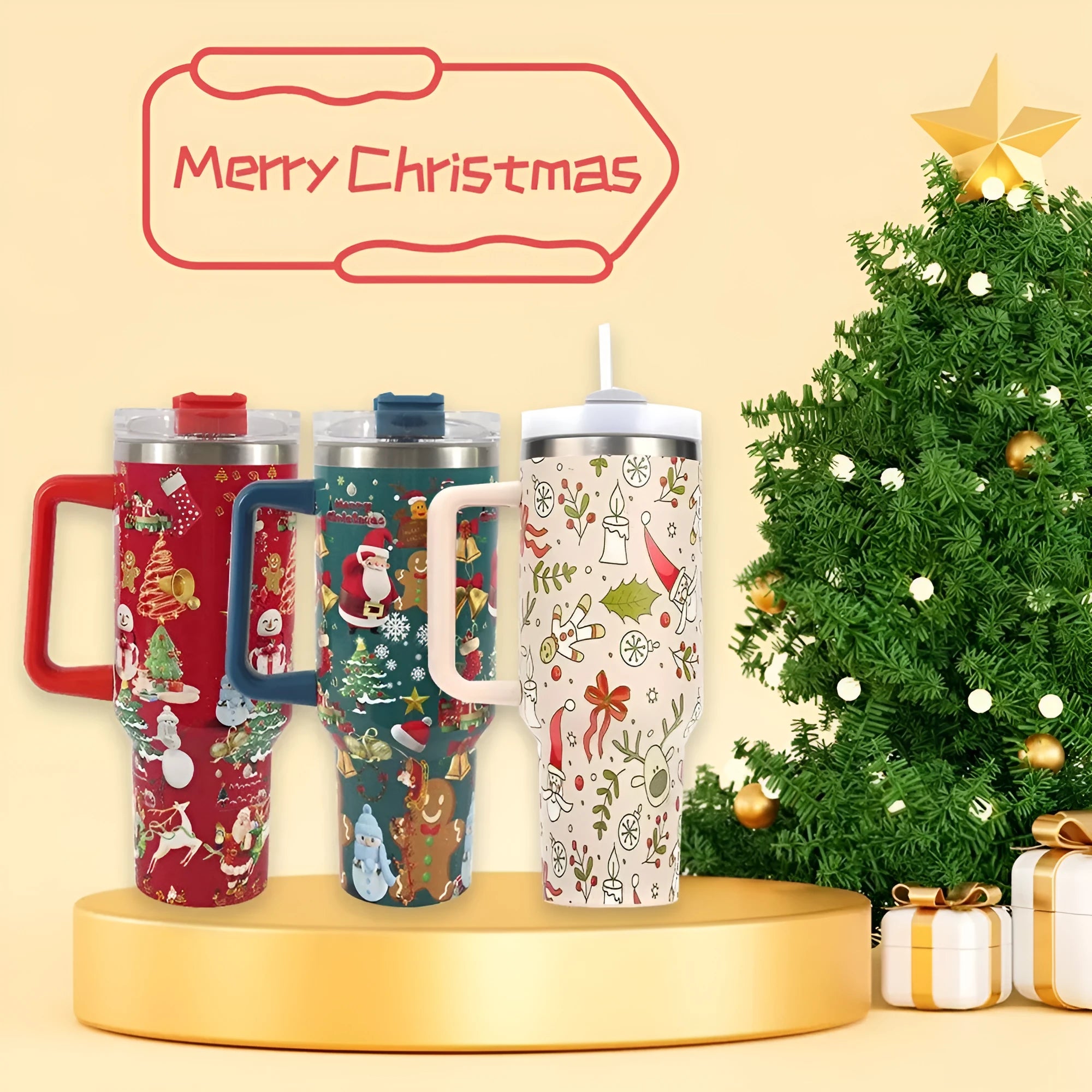 Christmas pattern stainless steel vacuum tumbler with handle and straw lid