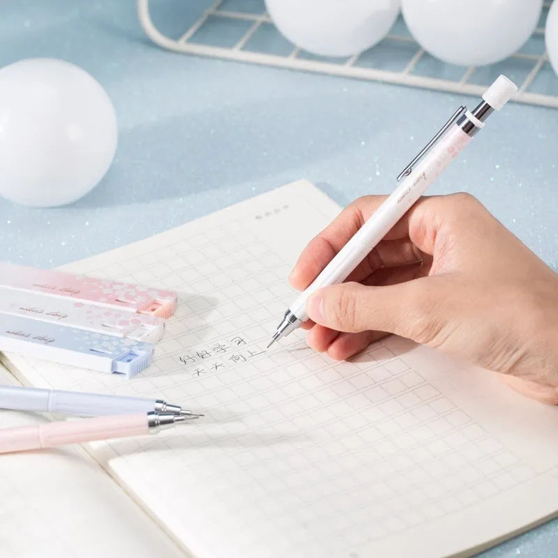 Simplified cartoon-style automatic pencil set with three pens and three boxes of HB lead refills.