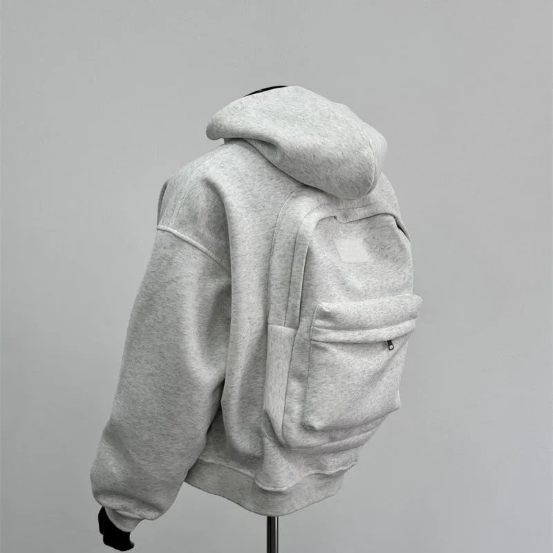 Men's grey hoodie with back schoolbag design, zip-up front and hood, polyester-cotton fabric