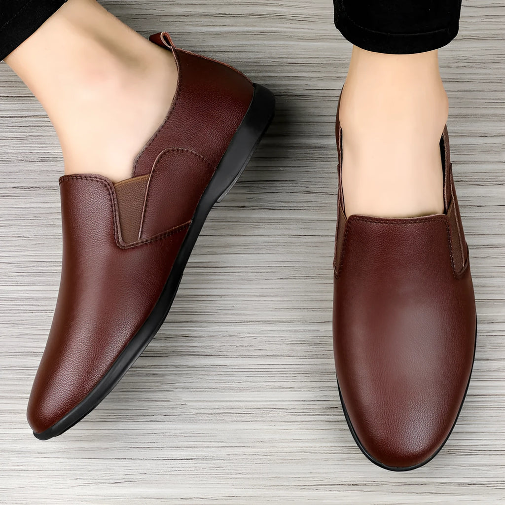 Men's black and brown leather business shoes with round toe design on size chart