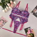 Rose red women's bikini with contrast embroidery detail, polyester fabric construction