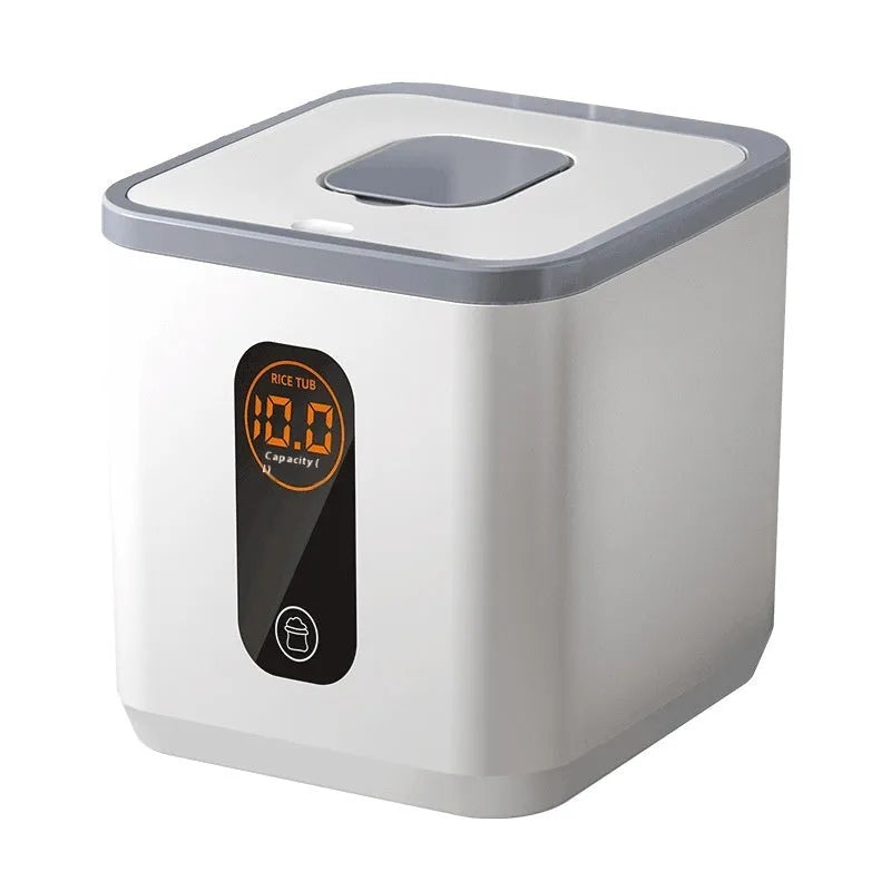 Grey plastic airtight rice storage jar with snap-lock lid and a measuring cup, shown in 10kg, 20kg, and 30kg size options.