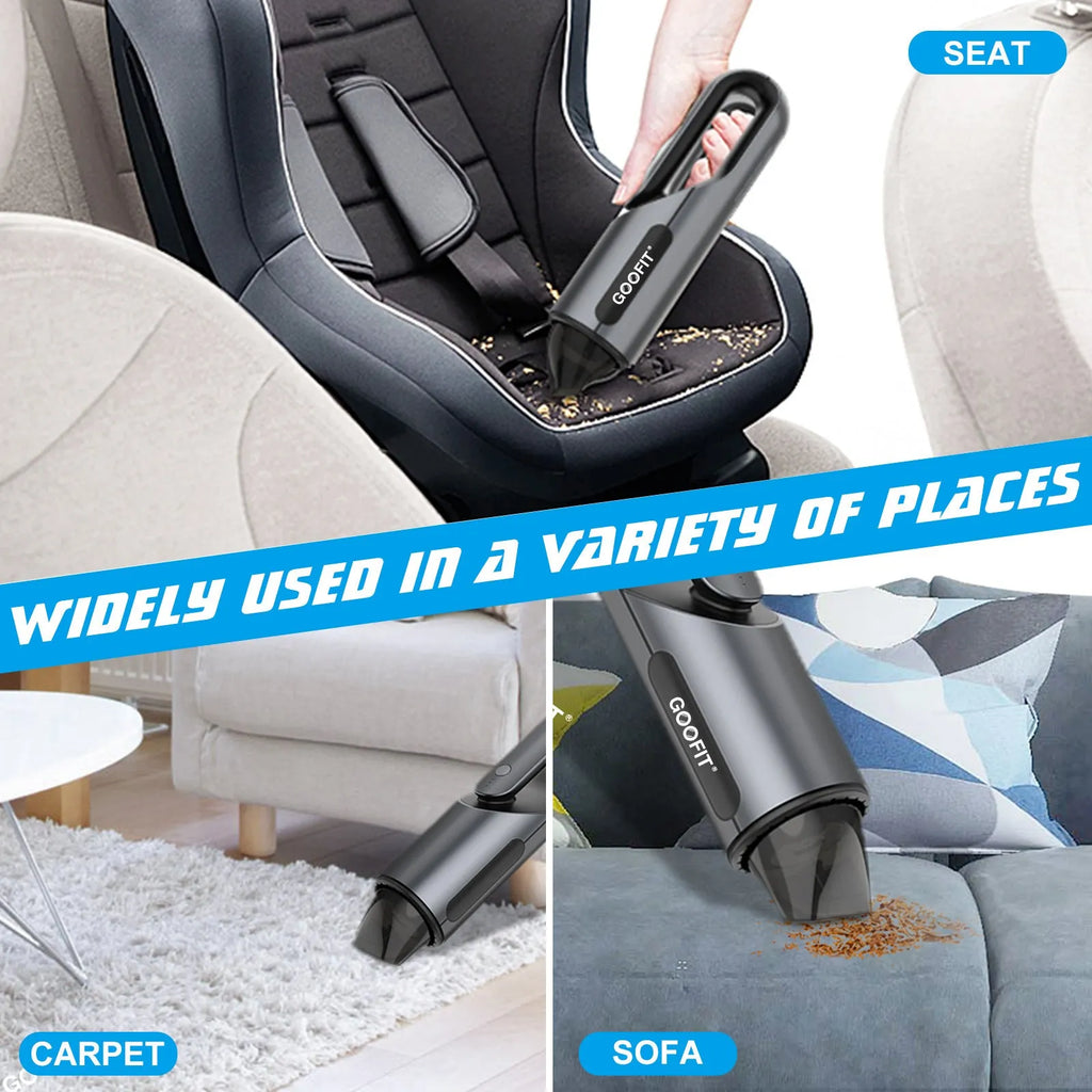 Black portable wireless handheld car vacuum cleaner with flat and brush attachments on a car seat