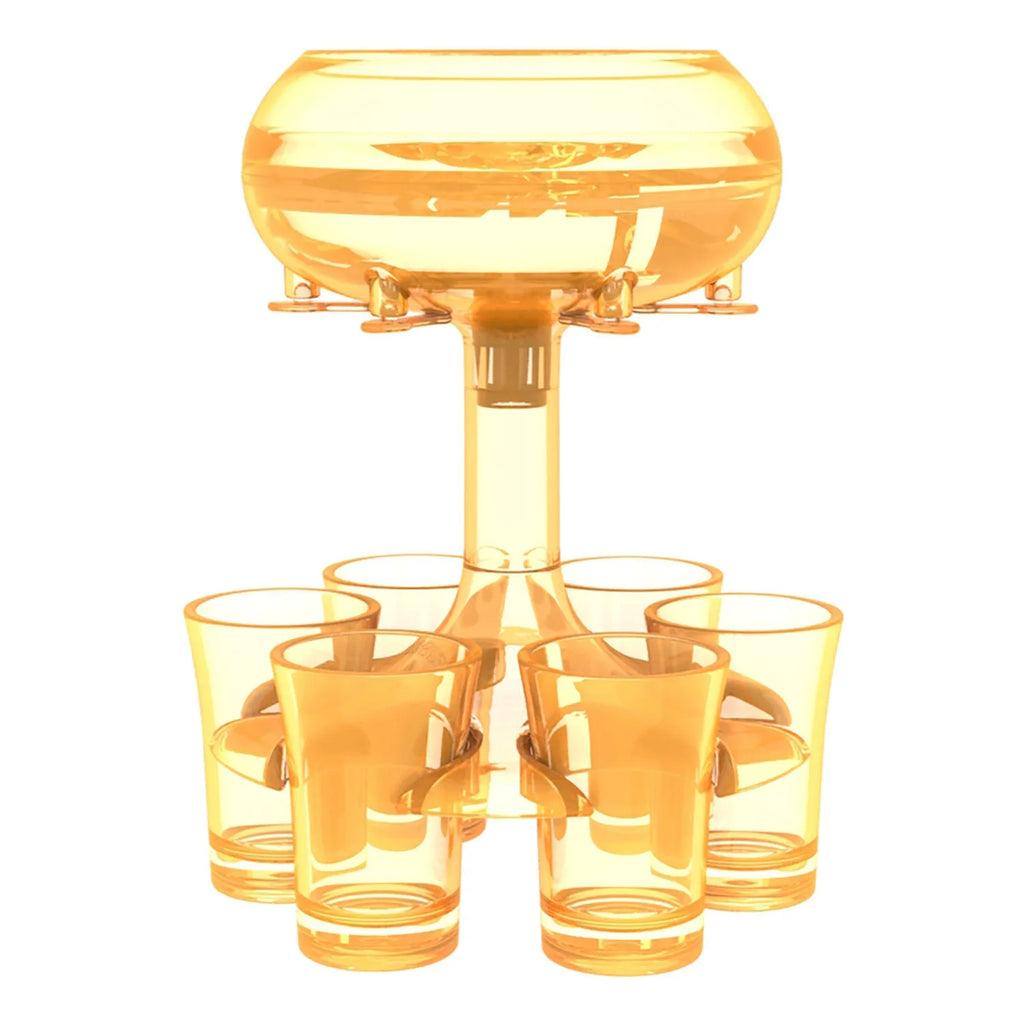Clear six-shot glass dispenser holder with rack and six cups on a bar table.
