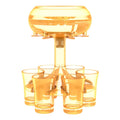 Clear six-shot glass dispenser holder with rack and six cups on a bar table.