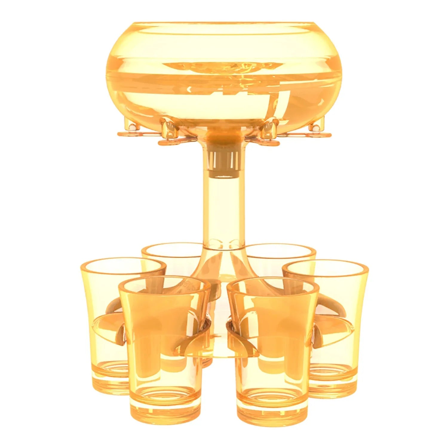 Clear six-shot glass dispenser holder with rack and six cups on a bar table.