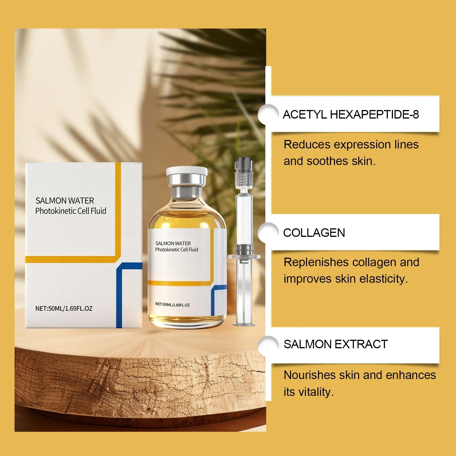 Facial essence ampoule 50ml with collagen and salmon extract, next to mixing tube, on clean surface