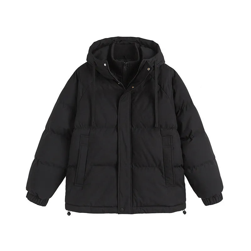 Loose thick polyester cotton-padded jacket in light blue on a hanger showing side seam pockets.