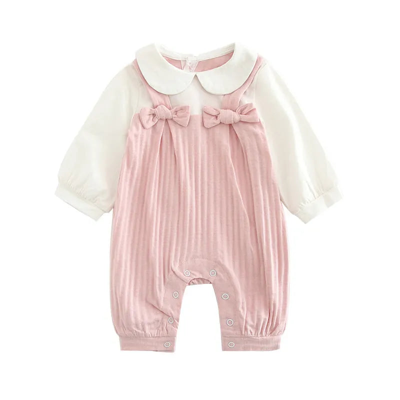 Pink cotton baby girls romper suit with embroidery, long sleeves, and single-breasted closure