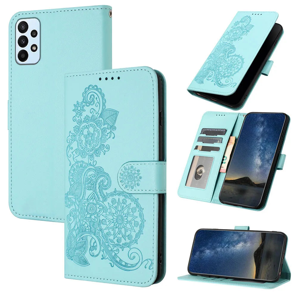 Samsung leather phone case with embossed datura flowers and flip card slot, available in multiple colours