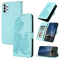Samsung leather phone case with embossed datura flowers and flip card slot, available in multiple colours