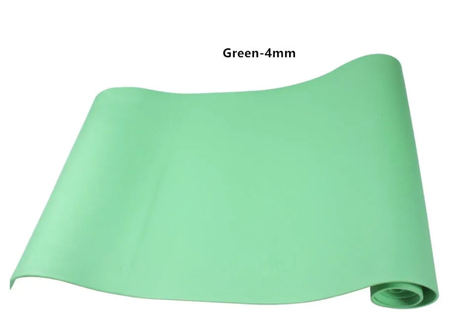 Red and blue EVA yoga mats showing 4mm and 6mm thickness options rolled up with storage bag.