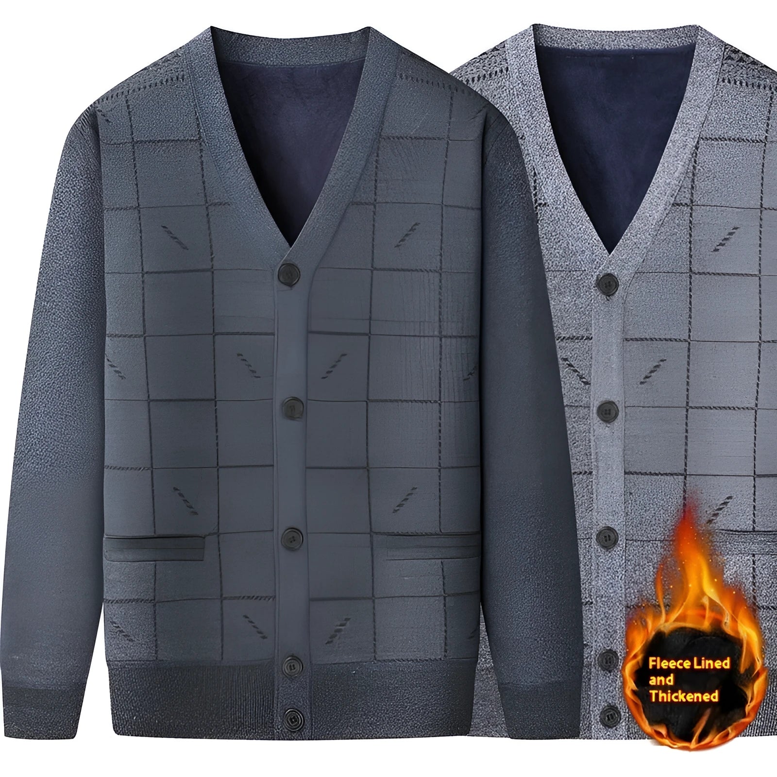 Plus-size men's grey fleece-lined cardigan with batwing sleeves on a hanger.