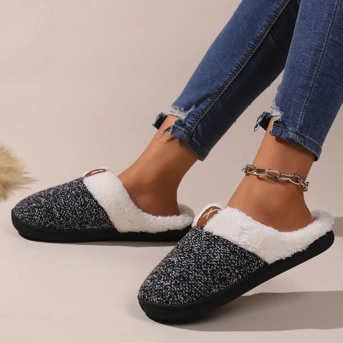 Winter plush thick bottom anti-slip house slippers in burgundy, black, and light gray for men and women