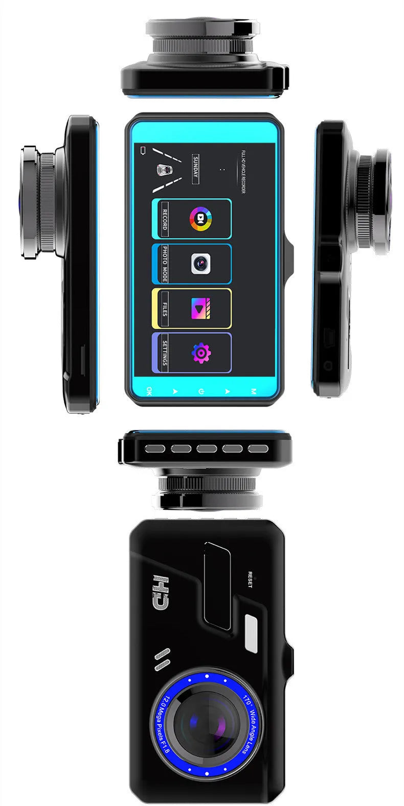 Black touch screen car driving recorder with front and rear cameras mounted in vehicle