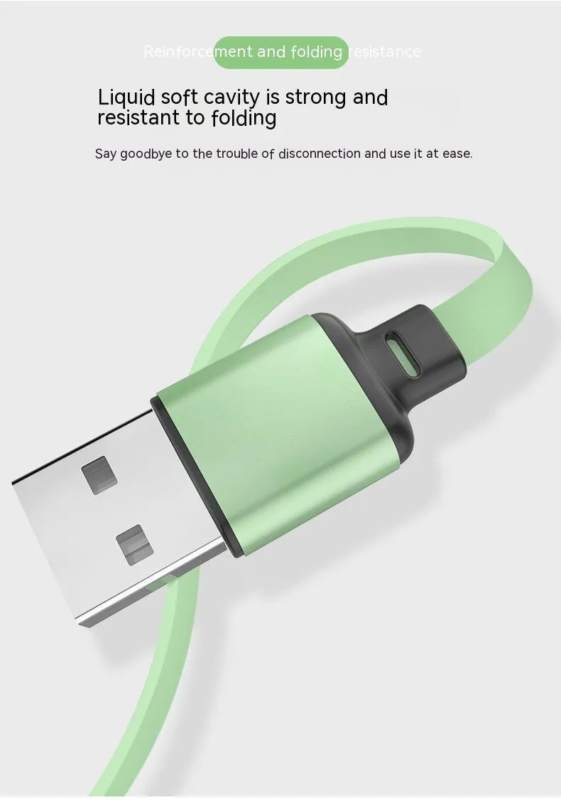 Multifunctional liquid silicone three-in-one charging cable 1.2m with Micro USB Type-C and Apple connectors in green